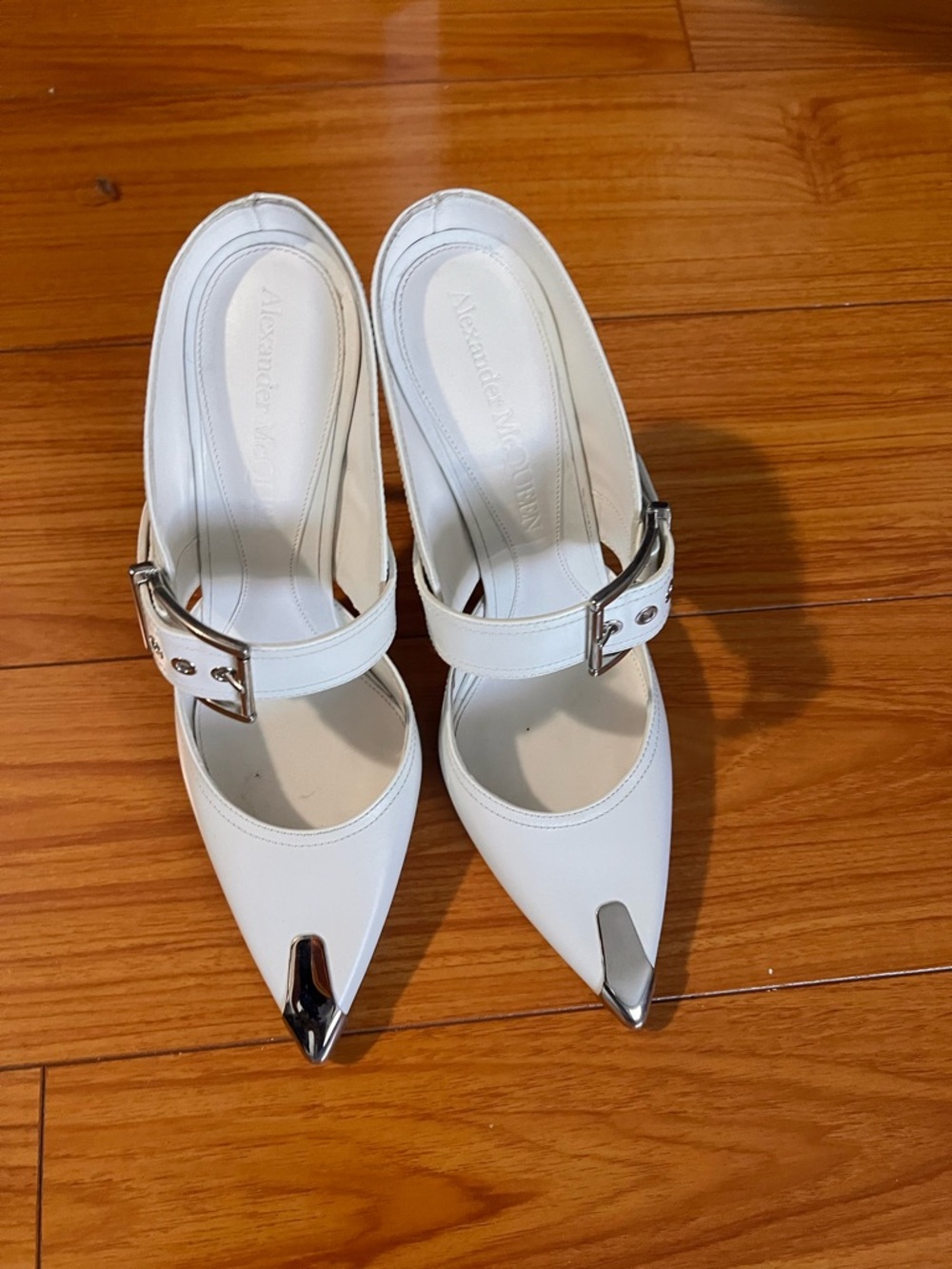 Alexander McQueen White Pointed Mules with Silver Toe Cap and Buckle